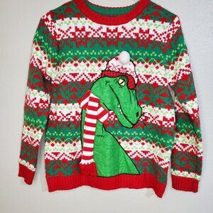 33 Degrees Dinosaur T-Rex Sweater Kids Size Medium 10/12 Red & Green